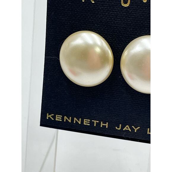 Kenneth Jay Lane KJL Silver Tone Round Faux‎ Pearl Ivory Pierced Stud Earrings - Picture 10 of 13